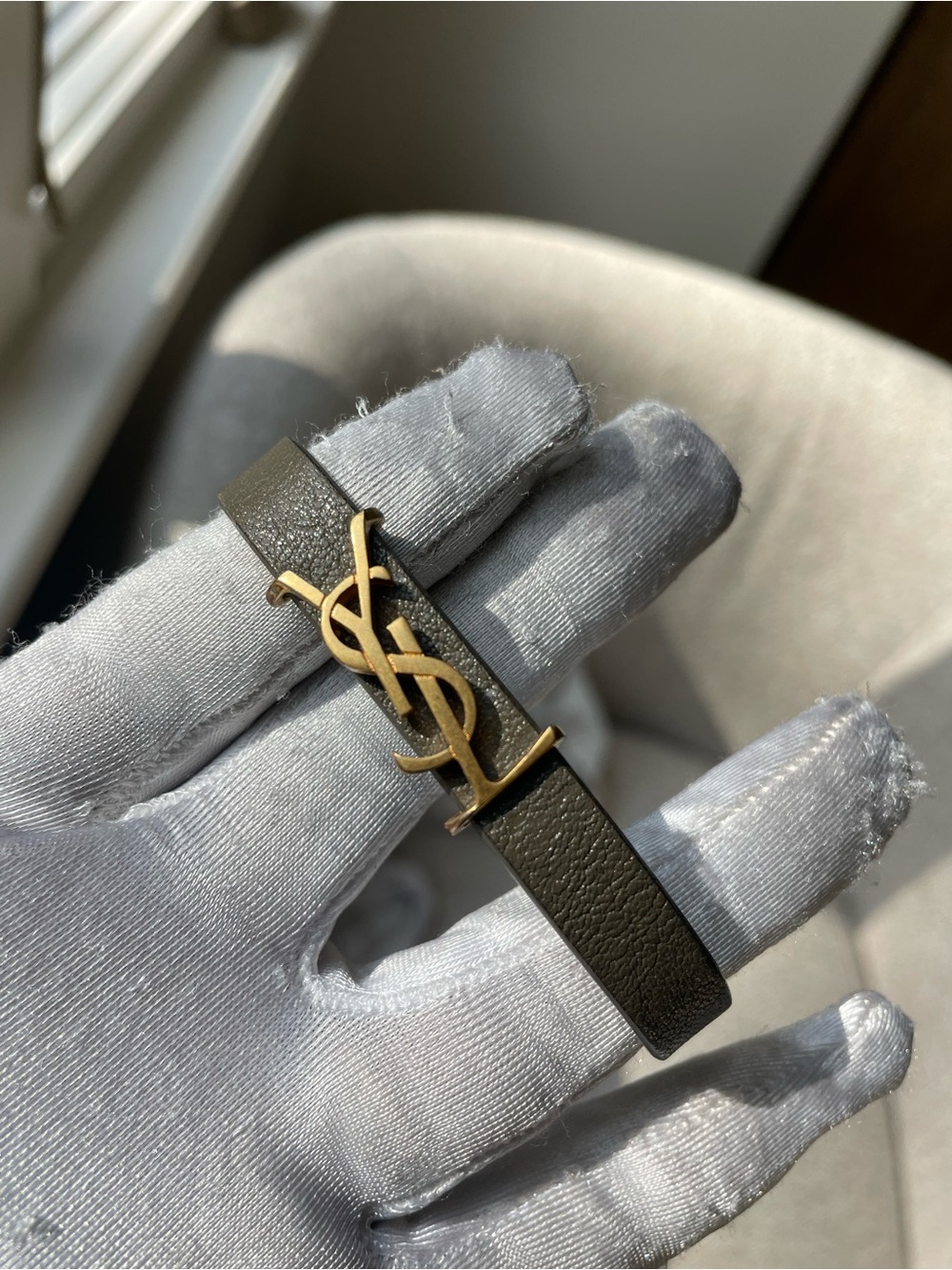 Saint Laurent Olive Leather Bracelet with Gold YSL Emblem